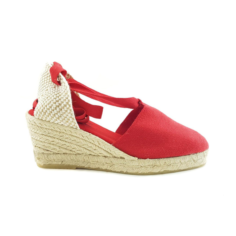 Sandalias yute cuña rojo mujer